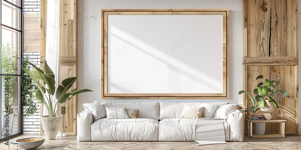 Fototapeta premium Salon minimaliste avec canapé et cadre vierge sur le mur, sol en bois, couleur blanche, lumière naturelle provenant de la fenêtre, plante dans le coin, décoration d'intérieur élégante.