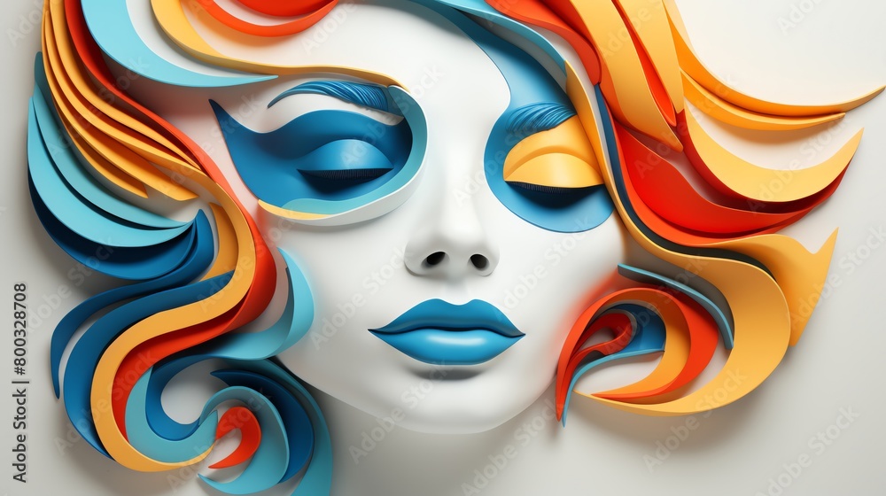 A 3D rendering of a woman's face using vibrant colors and a paper-cut style