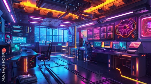 Digital painting of an AI innovation lab, neondrenched with futuristic cybernetic enhancements, in a dramatic hightech minimalism style