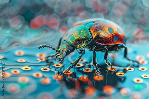 photo of a bug standing on silicon circuits, signifying a computer virus, set on a pastel teal background
