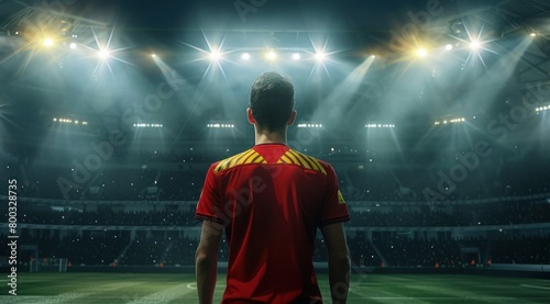 Football, un homme de dos regardant le stade, portant un maillot rouge.
