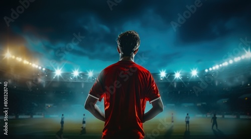 Football, un homme de dos regardant le stade, portant un maillot rouge, image avec espace pour texte. © David Giraud