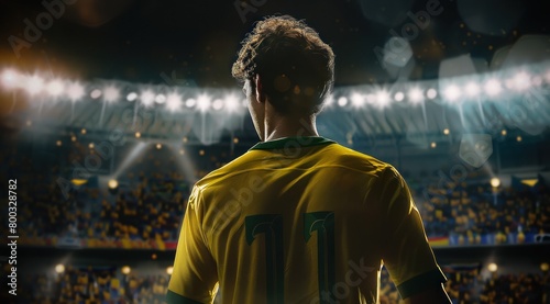 Football, un homme de dos regardant le stade, portant un maillot jaune et vert.