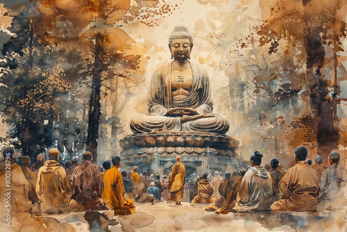 Watercolor illustration of Buddhas first sermon in the Deer Park, depicted with earthy tones and a peaceful assembly of followers
