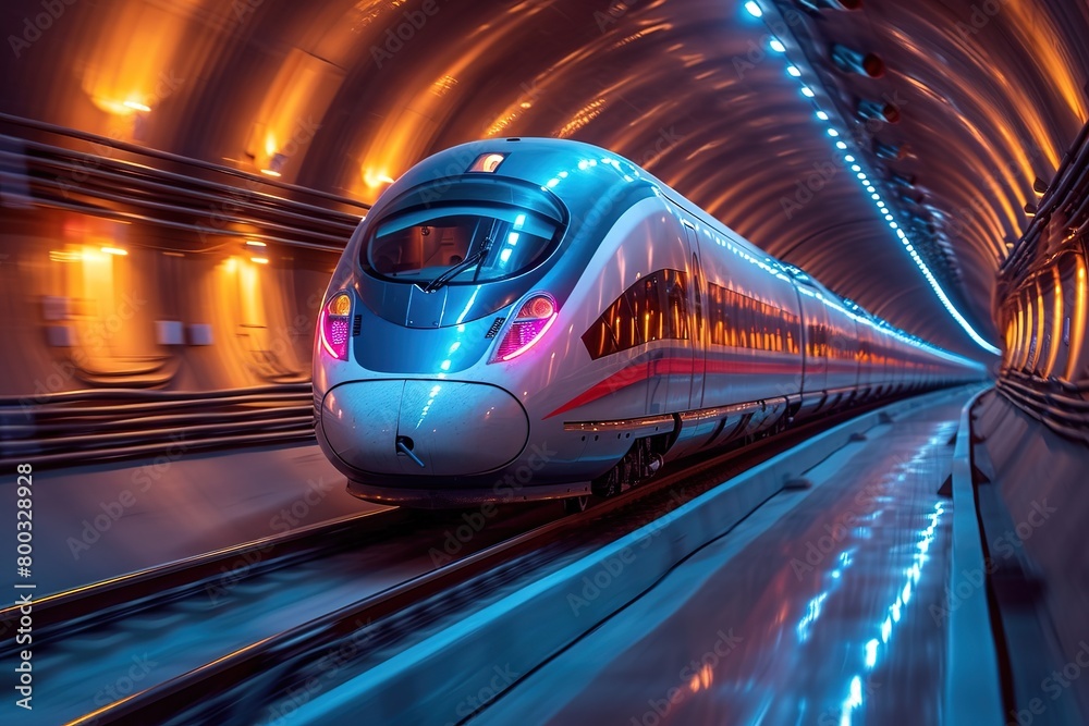 A modern high-speed train racing through a tunnel, the walls illuminated by a continuous strip of bright LED lights