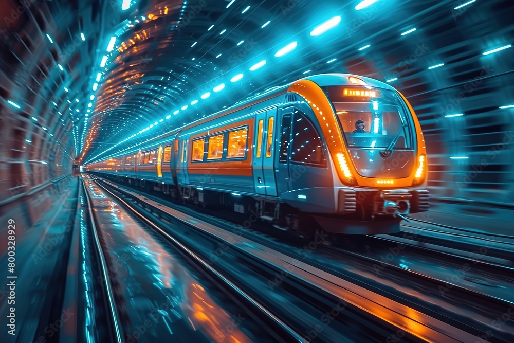 A modern high-speed train racing through a tunnel, the walls illuminated by a continuous strip of bright LED lights A modern high-speed train racing through a tunnel, the walls illuminated by a continuous strip of bright LED lights