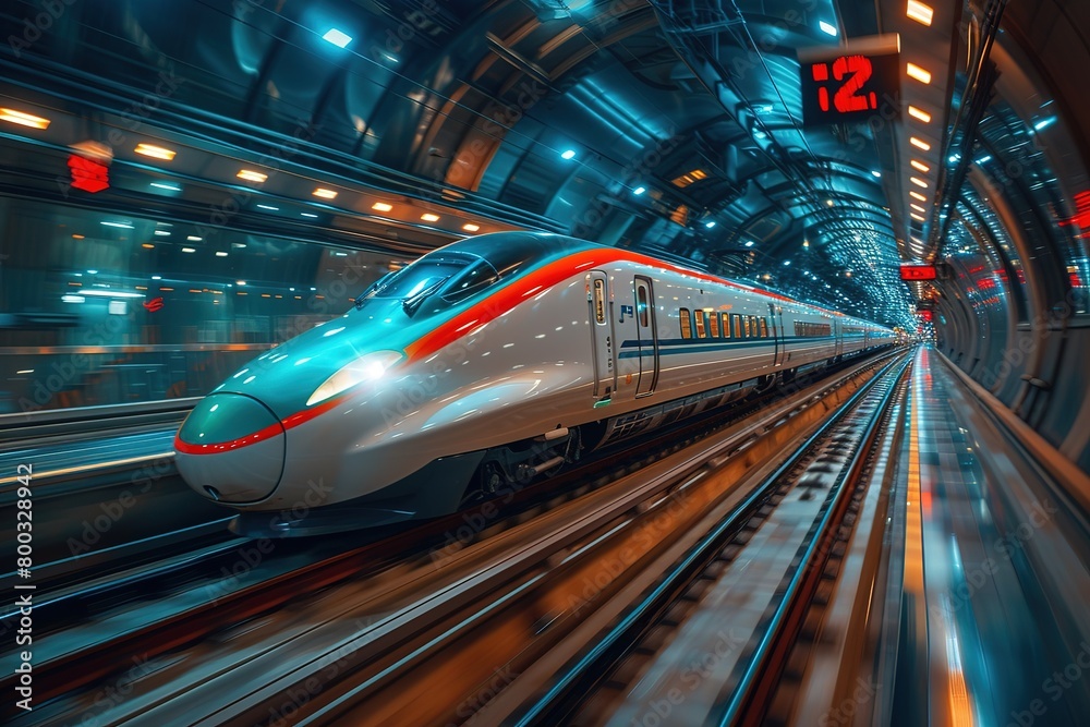 A modern high-speed train racing through a tunnel, the walls illuminated by a continuous strip of bright LED lights A modern high-speed train racing through a tunnel, the walls illuminated by a continuous strip of bright LED lights
