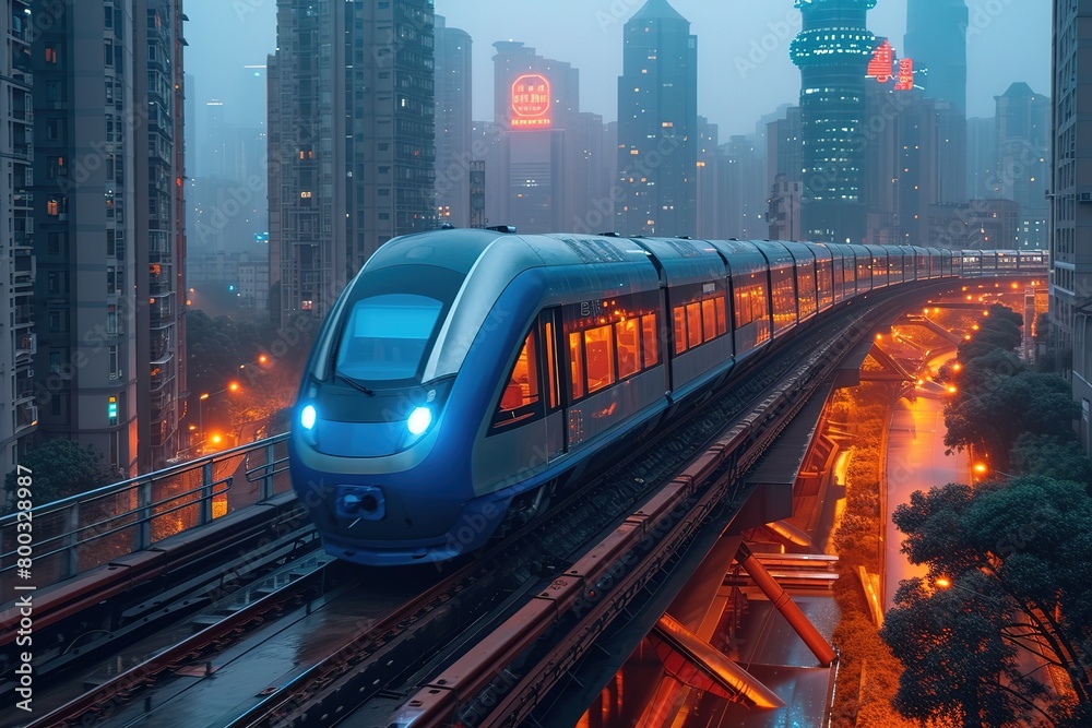 Naklejka premium A modern high-speed train slicing through a futuristic cityscape, its sleek, silver exterior reflecting the vibrant neon lights of the metropolis