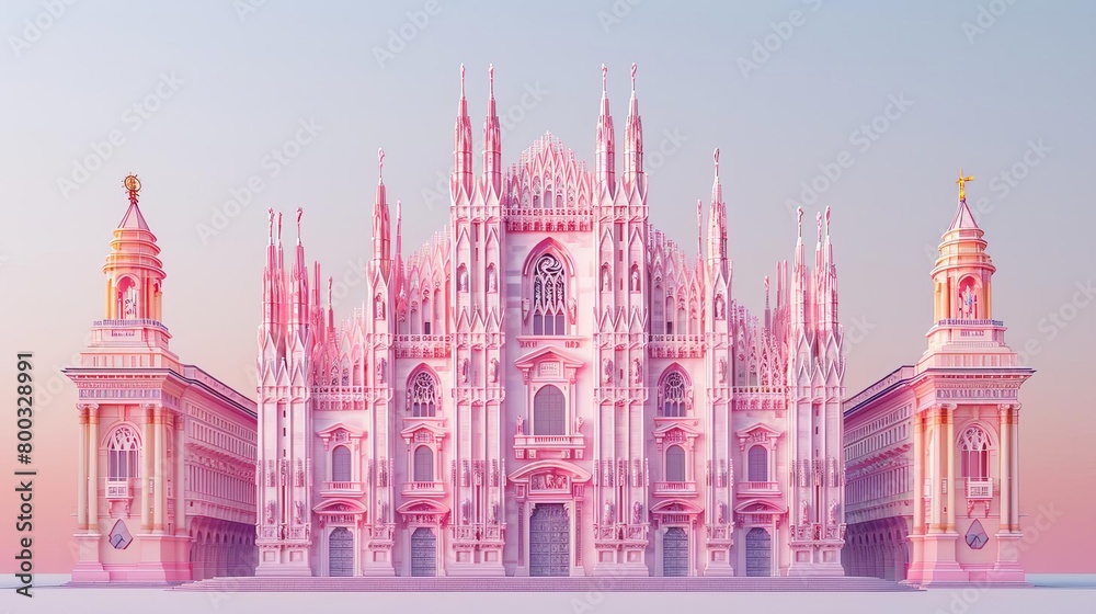 An illustration of a pink and white church with intricate details.