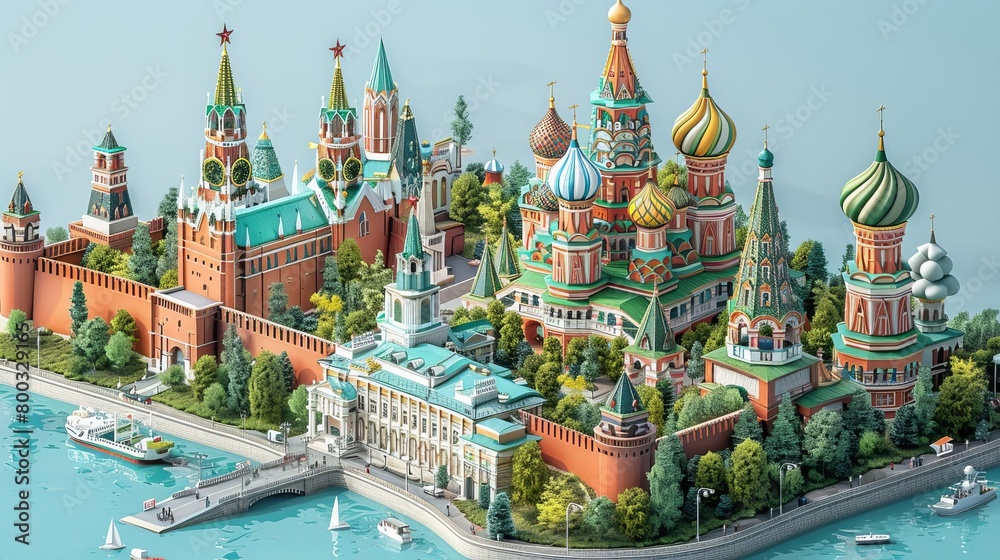 An isometric illustration of the Moscow Kremlin and St. Basil's Cathedral. The buildings are surrounded by a river and trees, with a bridge in the foreground.