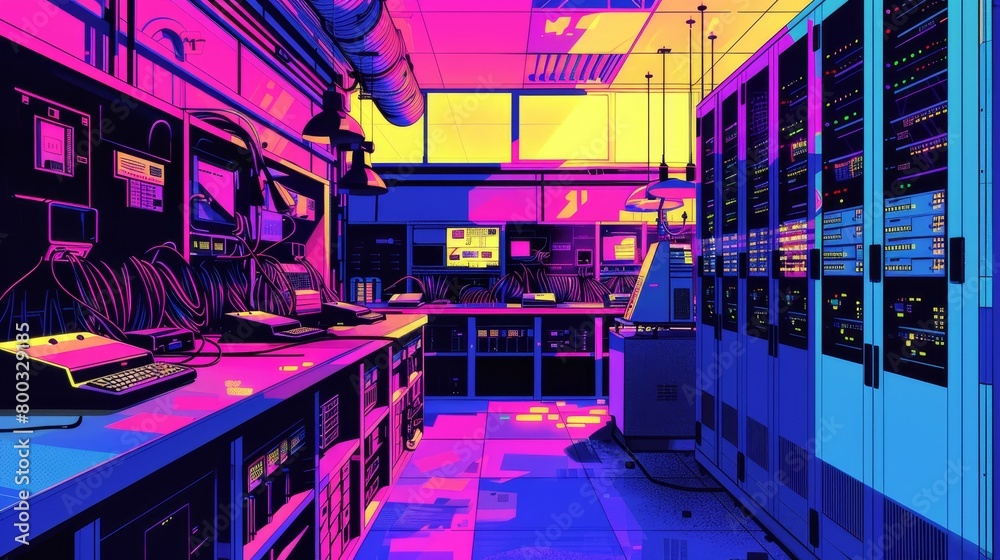 Pop art of Silicon Valley quantum computing labs, in a high contrast, comic style with dramatic, saturated colors