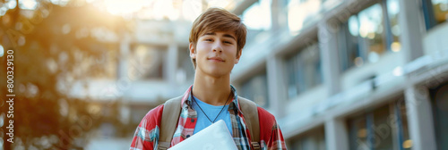 a beautiful young univeristy boy, holding books in lap, and laptop bag on shoulder, against blur unviseristy background photo