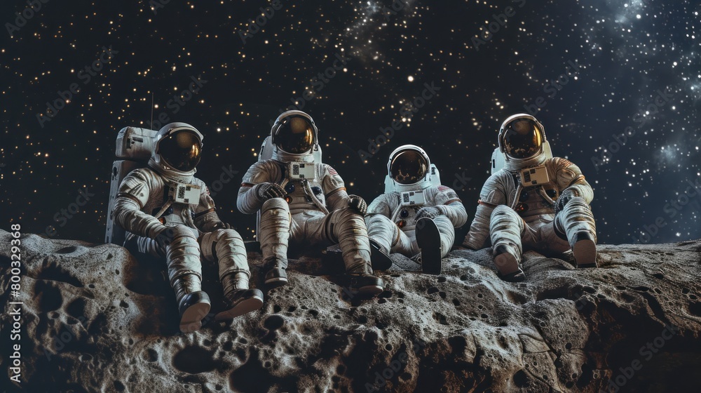 Depicting a space exploration team, four astronauts clad in spacesuits rest upon a moon-like terrain against a backdrop of dark, starry skies.