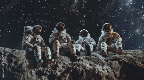 Obraz na płótnie Depicting a space exploration team, four astronauts clad in spacesuits rest upon a moon-like terrain against a backdrop of dark, starry skies. w salonie