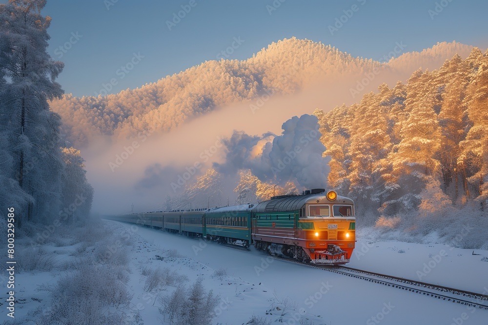 A passenger train passing through a tranquil, snow-covered landscape, with the soft crunch of snow under its wheels A passenger train passing through a tranquil, snow-covered landscape, with the soft crunch of snow under its wheels