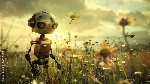 Whimsical children s book illustration of a gentle, robot companion in a pastoral, softfocus setting photo