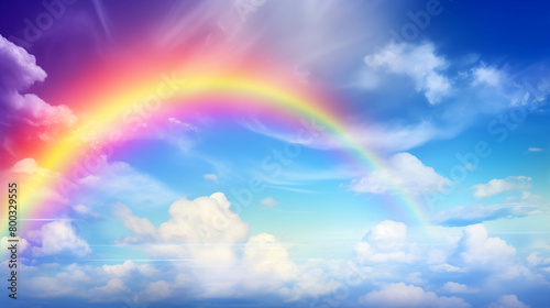 A bright rainbow arcs across a clear blue sky with fluffy white clouds.
