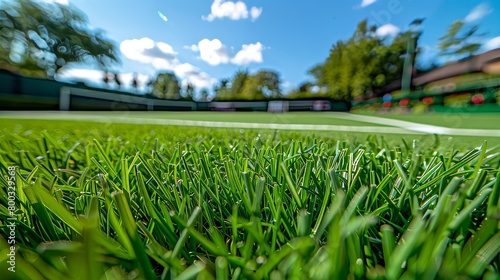 Close up of meticulously trimmed grass on tennis court in preparation for upcoming tournament play