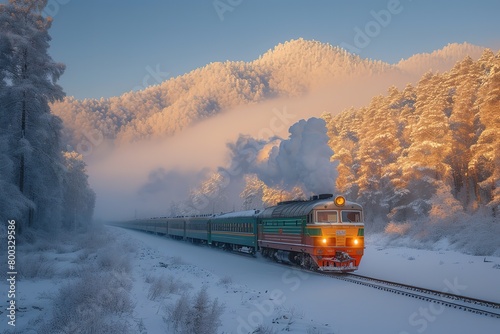 A passenger train passing through a tranquil, snow-covered landscape, with the soft crunch of snow under its wheels