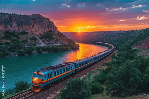 A passenger train traveling through a picturesque valley, the landscape awash in the warm hues of a setting sun