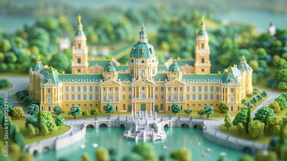 A beautiful miniature palace with intricate details. The palace is surrounded by lush green trees and a sparkling lake. The sky is a clear blue and the sun is shining brightly.