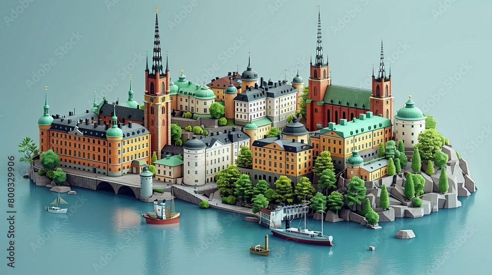 Obraz premium A beautiful isometric city. The city is made up of colorful buildings, trees, and water. The city is surrounded by a blue sea.