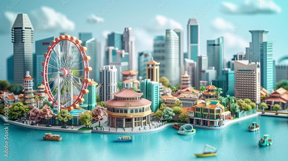Fototapeta premium A beautiful sunny day in a miniature city with a large ferris wheel and a river running through the middle.