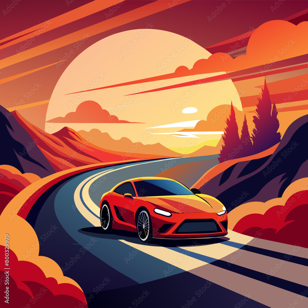 vibrant vector illustration capturing the silhouette of a sleek car cruising along a winding road against a backdrop of a fiery sunset sky