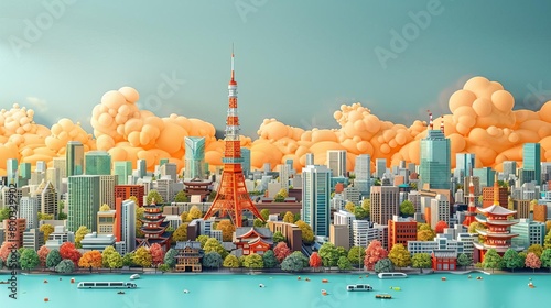 A beautiful digital painting of a cityscape with a river in the foreground and a tall tower in the background. The sky is cloudy and the buildings are mostly orange and white.