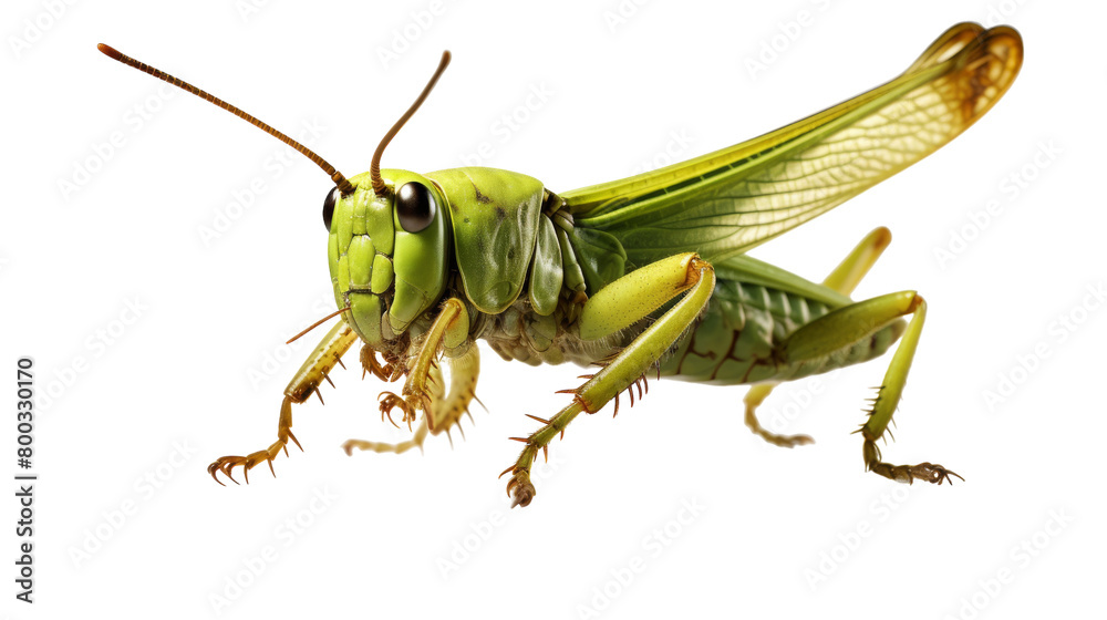 A vibrant green grasshopper perched on a white surface, displaying intricate details of its body