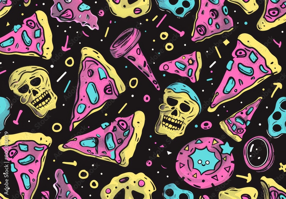 Minimal pizza background with confetti, skull, 80s-90s trend art, badge, cartoon, colorful, comic, cool design, disco, doodle, drawing, drug element, fabric, fashion, food, fun