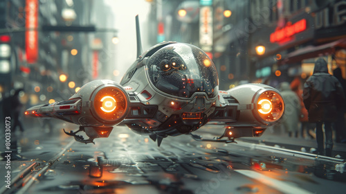 Fototapeta Naklejka Na Ścianę i Meble -  A futuristic space ship is flying over a city street. The sky is dark and the street is wet. The scene is set in a futuristic city with neon lights and tall buildings