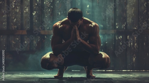 Strong Muscular Man Kneeling on the Floor