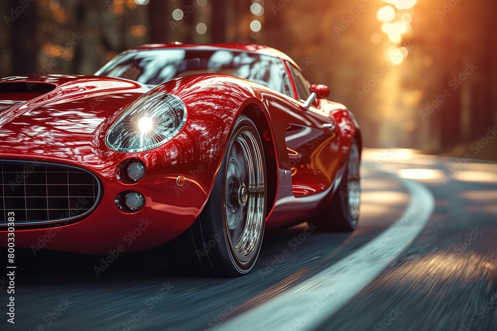 A sleek, red sports car racing down an open highway, its chrome accents gleaming in the sunlight
