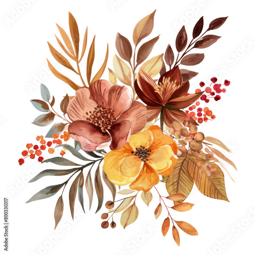 Autumn Flower and Leaves Bouquet Watercolor Earth Tone