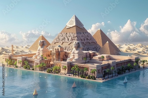 An ancient Egyptian city surrounded by water. The city is filled with pyramids, temples, and other buildings. The Nile River can be seen flowing through the city.