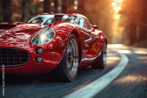 A sleek, red sports car racing down an open highway, its chrome accents gleaming in the sunlight