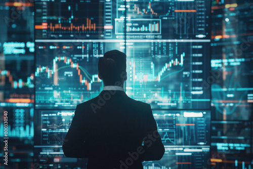 Business man investor thinking on financial exchange business investment management strategy looking at global market data world trade charts technology background concept. Rear back view.