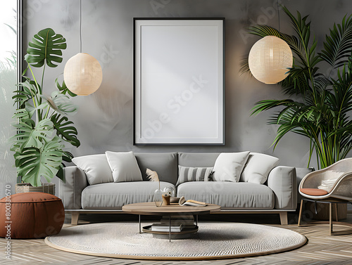 Scandinavian cozy Livingroom in the evening with furniture, green plants, two chandelier, greysofa,black walls, chandelier with interior mockup with one white photo frame in the background photo