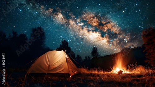 Cozy Camping Under the Starry Night Sky with Glowing Tent and Crackling Campfire