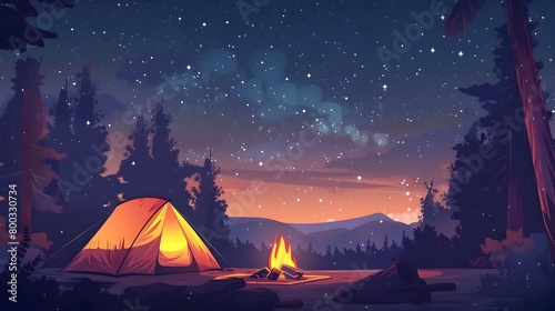 Glowing Tent Under Starry Summer Night Sky in Serene Wilderness Landscape © pkproject