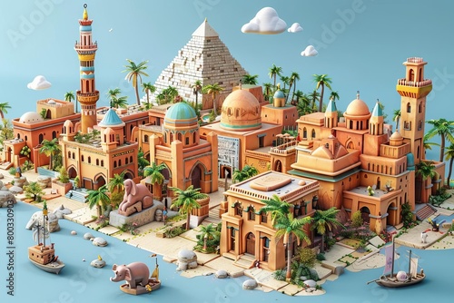 An ancient Egyptian city. The buildings are made of mud brick and have flat roofs. The streets are narrow and winding. There is a large temple in the center of the city. photo