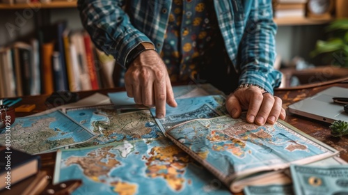 Mature man planning a trip with a world map on his desk