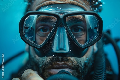 Close-up portrait of a man wearing scuba diving equipment underwater