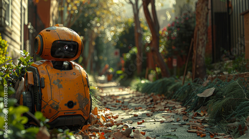A robot is sitting on the sidewalk in front of a house. The robot is yellow and has a black face. The scene is set in a residential area with trees and bushes photo