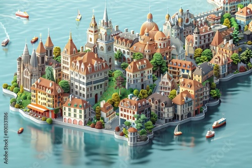 A beautiful isometric city, with a river running through it and boats on the river