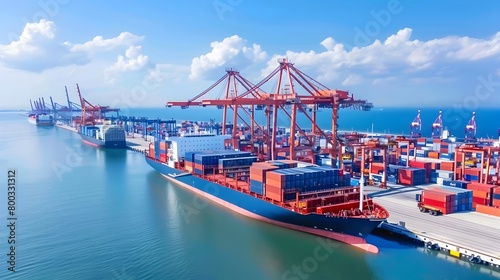 Bustling Container Port with Cargo Ships and Cranes Handling Freight Shipment for International
