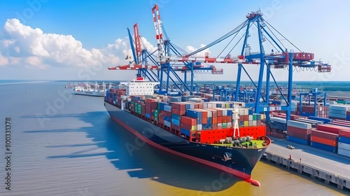 Large Cargo Ship Docked at Bustling Commercial Port with Containers and Cranes