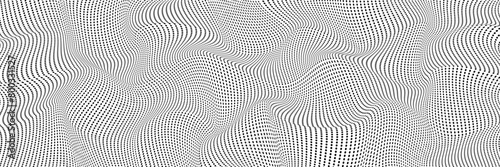 Black halftone wave pattern dot and black gradient curve shape. Abstract black particle background. Flowing waves with dot landscape. Digital data structure. Futuristic mesh or noise grid