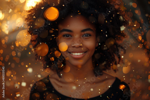 A photo of an attractive smiling young black woman with curly hair, standing in front of a background made up entirely of glowing golden bokeh lights
